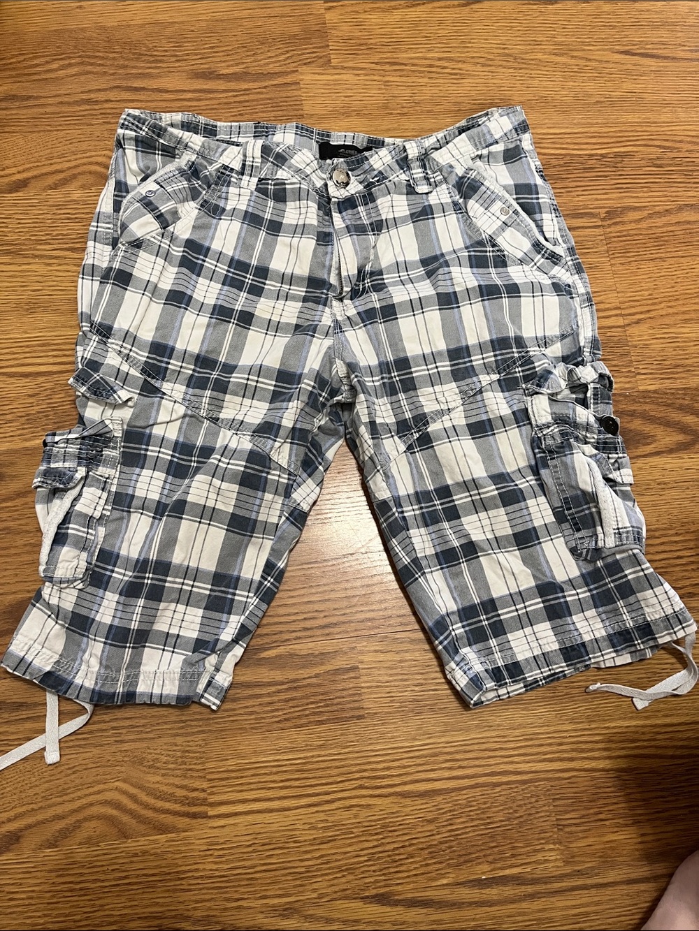 Men's Plaid Cargo Shorts in White and Navy Blue